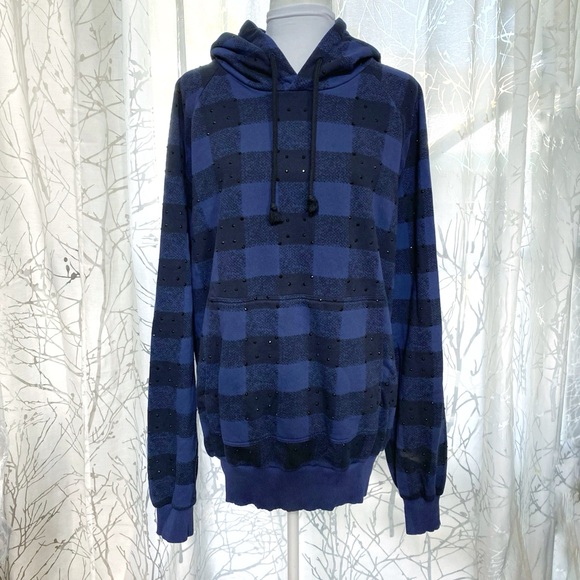 DRIES VAN NOTEN blue black checker print crystal rhinestone hoodie sweatshirt - Picture 3 of 9